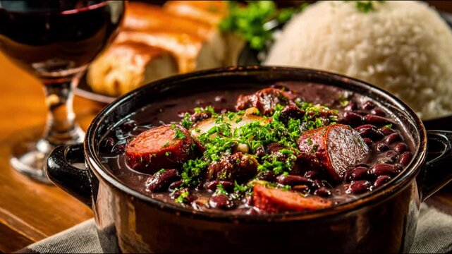 A hearty bowl of feijoada with sausage and beans served with rice bread and a glass of red wine