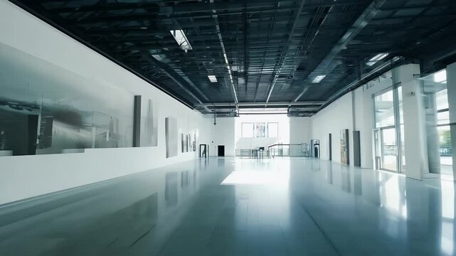 A vast contemporary gallery hall stands pristine empty downlighting casting subtle reflections polished floors K generative AI render offers curators adaptable canvas event teasers art exhibits VR
