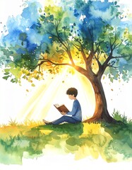 Stickman Reading in Nature – Watercolor Style