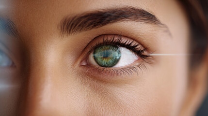 Fototapeta premium Close-up of a robot's eye with high-tech detailing, showcasing advanced sensors and glowing effects. Artificial Intelligence, Futuristic Digital Technology, Metaverse of Digital Intelligent World