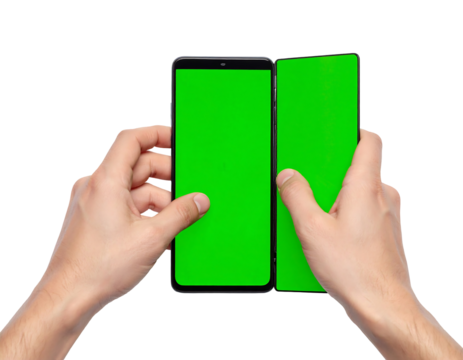 Hands Holding Foldable Phone with Green Screen