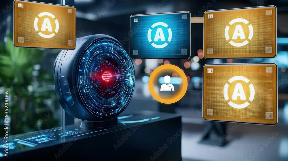 Poster a futuristic artificial intelligence device with glowing digital circuitry sits in a modern, high-te