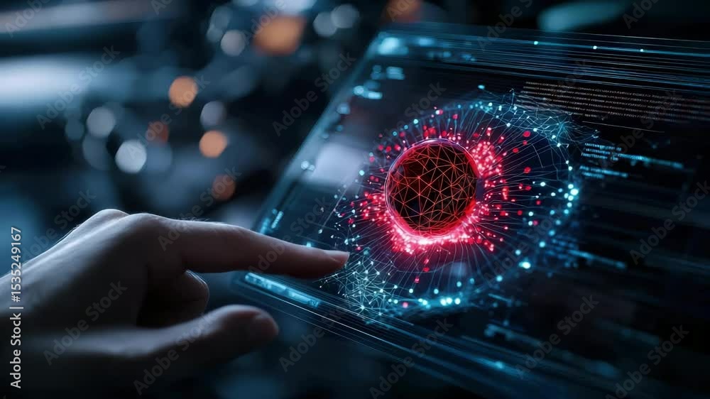 Aufkleber A hand interacts with a futuristic touchscreen displaying a digital neural network and glowing data visualization.