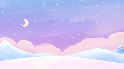 Fototapeta premium Pastel Winter Landscape with Crescent Moon and Snowy Peaks