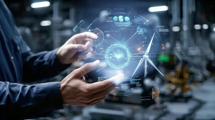 A person interacts with a futuristic digital interface displaying wind energy and turbine technology data. - Powered by Adobe