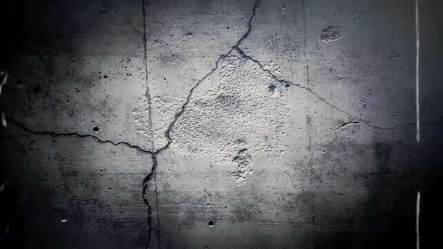 Dark cracked concrete wall with falling ash and embers evokes a sense of decay and urban grit, suitable for backgrounds or texture overlays.