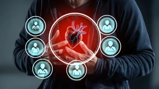 A person clutches their chest with an illustrated human heart highlighted, suggesting heart health or cardiac issues.