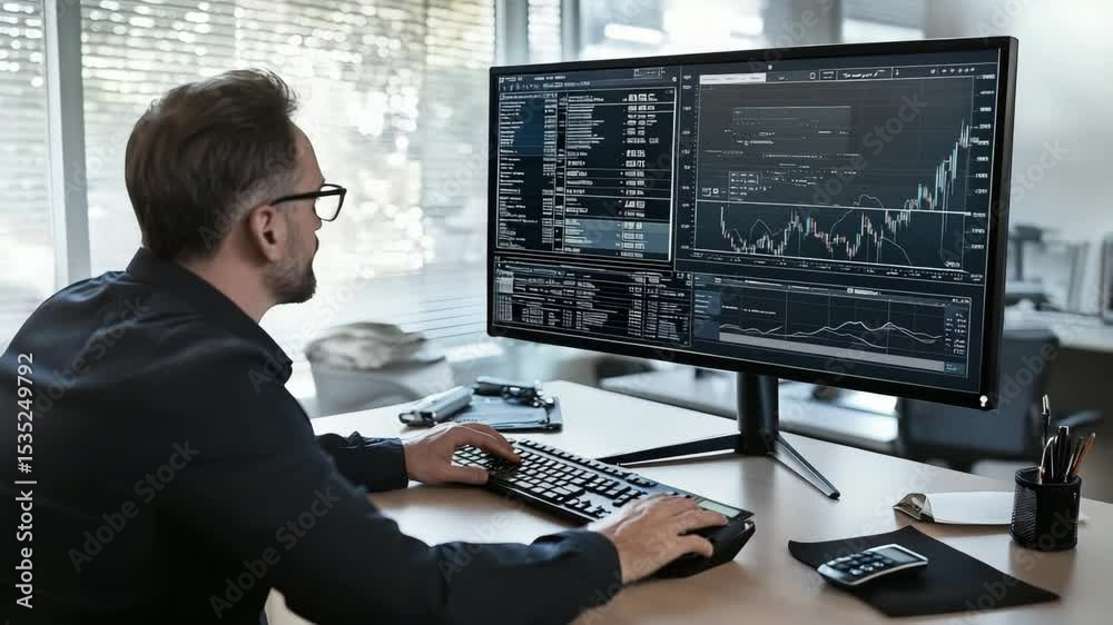 Poster a man analyzes financial data and trading charts on dual monitors at a modern office desk.