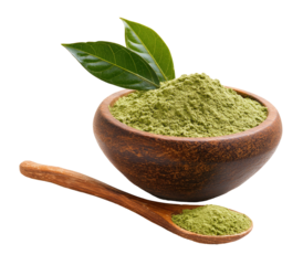 Moringa Powder in Wooden Bowl with Spoon on Transparent Background powder wooden