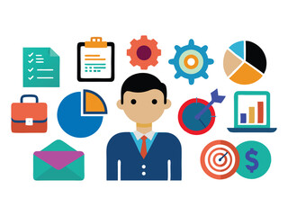 Businessman icon with checklist charts and goals isolated on white background
