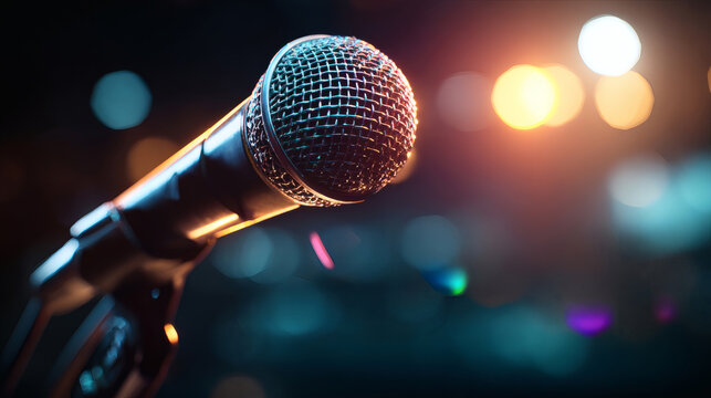 Stage microphone glowing under vibrant lights, capturing the essence of live performance energy