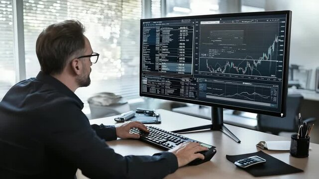 A man analyzes financial data and trading charts on dual monitors at a modern office desk.