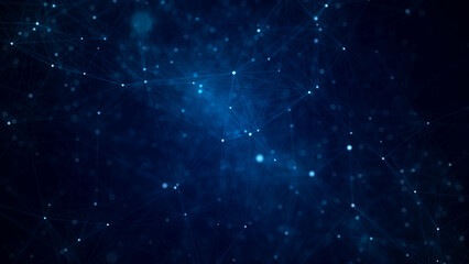 Network connection structure. Abstract blue background with moving dots, lines and triangles. Futuristic illustration. Digital technology design. 3d rendering