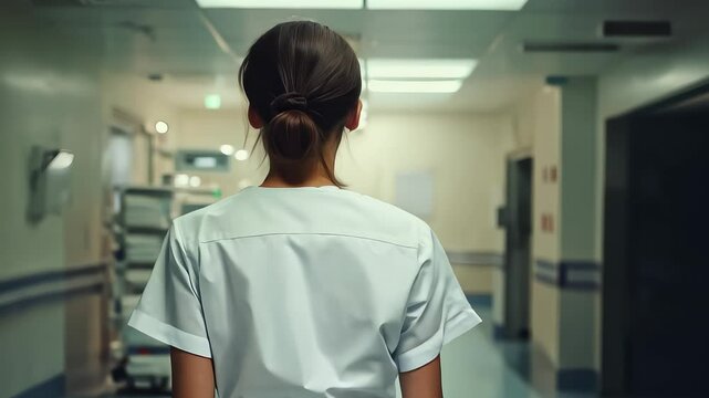 Healthcare Worker Walking Down Hospital Corridor