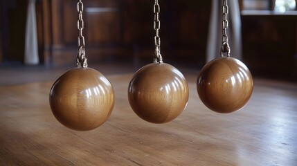 Polished wooden spheres hanging from chains.