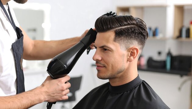 Hairstylist drying man's hair