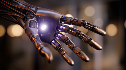 Close-up of a futuristic robot with multiple articulated limbs, illuminated by soft lighting, intricate details. Artificial Intelligence, Futuristic Digital