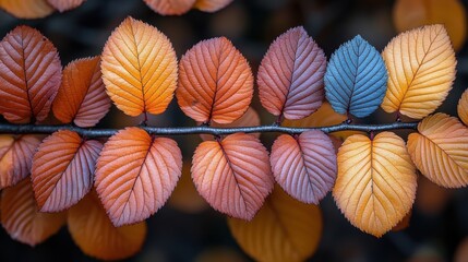 Colorful Autumn Leaves on Branch Macro Shot in Forest with Bokeh Background