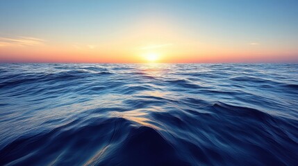 Majestic Ocean at Sunset, Deep Blue Waters and Bright Sun Reflection