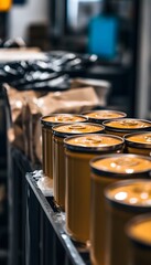 Row of golden-brown cylindrical containers on a metal rack.