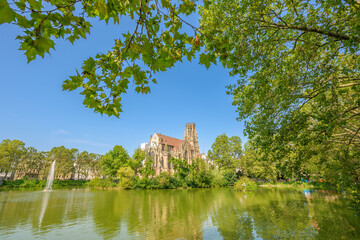 St. John's Church overlooking Feuersee lake in Stuttgart on a bright sunny day