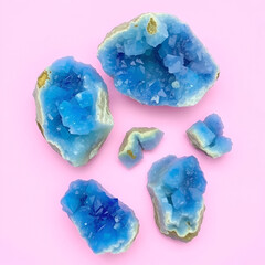 Vibrant blue crystals on pink background: raw fluorite mineral specimens display