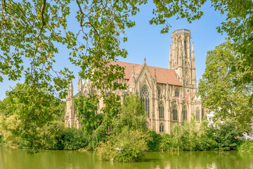 St. John's Church overlooking Feuersee lake in Stuttgart on a bright sunny day