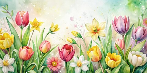 Obraz premium Vibrant tulips and daffodils in a delicate watercolor style on a soft white paper background, surrounded by lush greenery and subtle floral patterns , paper background, watercolor design