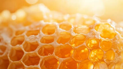 Honeycomb structure reveals intricate patterns and a rich golden hue in nature's design during daylight hours
