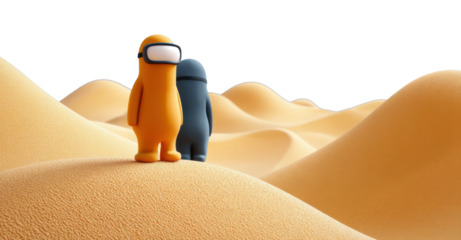 Figures with goggles on sand dunes