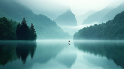 Misty Lake Mountain Landscape with Reflection Serene Nature Scenery Background