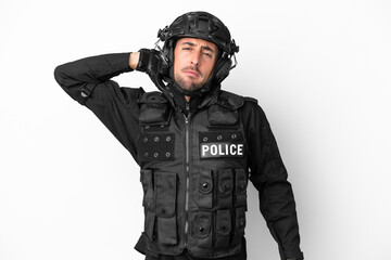 SWAT caucasian man isolated on white background with neckache