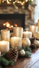 Elegant gold and cream candle display with pine cones and ornaments.