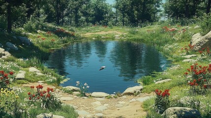 Small Pond Surrounded by Rocks and Flowers in a Natural Environment