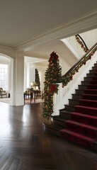 Elegant herringbone hardwood floors lead to a staircase decorated for the holidays.