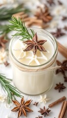 A jar candle adorned with winter spices.