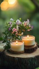 Two candles on a wooden stump surrounded by flowers.