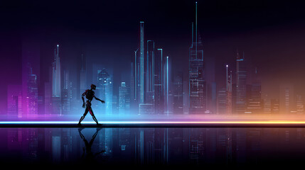 A robot walking in a futuristic city with a neon-lit skyline, sleek design, no people. Artificial Intelligence, Futuristic Digital Technology, Metaverse of Digital Intelligent World