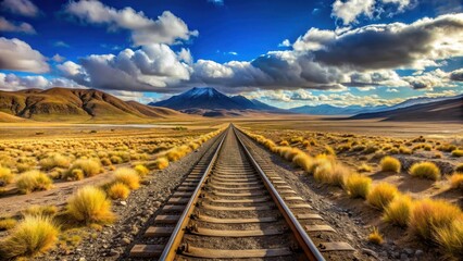 Serene views of Andean railway on high plateau scenery in Bolivia landscape with mountains and valleys in distance , landscape photography, railway track