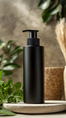 Black matte pump bottle on a stone base surrounded by greenery and natural elements