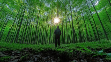 Man Backpacking in Forest with Bright Sunlight Bursting Through Tall Trees
