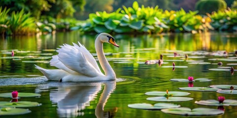 A majestic white swan glides effortlessly across the serene surface of a tranquil lake surrounded by lush green water lilies and vibrant aquatic plants, serene, nature