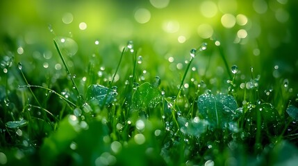 Dewdrops adorn vibrant green grass.