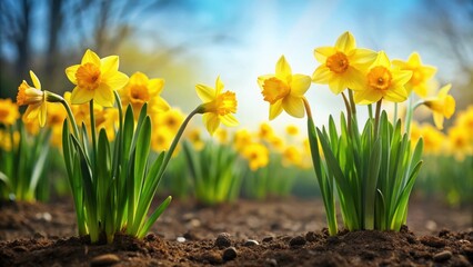 A field of bright yellow daffodil flowers swaying gently in the spring breeze, with a few scattered green shoots emerging from the soil , yellow, daffodils