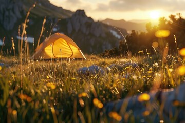 Ultra Quality Image of Tourist Tent on Meadow at Sunrise