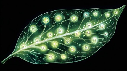 Illuminated leaf vein structure with glowing cellular details.