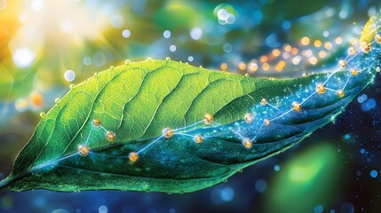 Detailed close-up view of a leaf with interconnected particles.