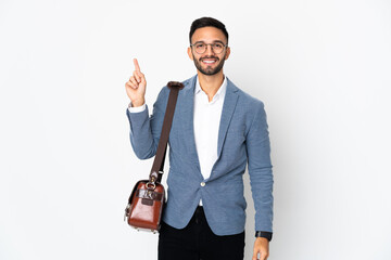 Young caucasian business man isolated on white background pointing up a great idea
