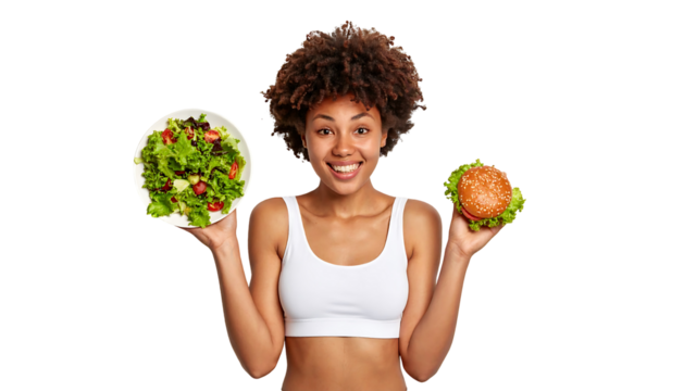 Smiling Woman Choosing Between Salad and Burger
