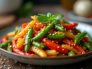 Crispy Sugar Snap Peas Stir Fry Delight: A vibrant stir-fry dish featuring fresh sugar snap peas, colorful bell peppers, and sesame seeds, served on a ceramic plate with a blurry kitchen background.